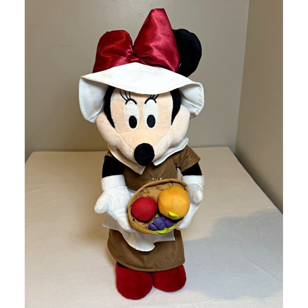 Disney Minnie Mouse Pilgrim Plush Standing Greeter 24” Bonnet Hat & Fruit Basket